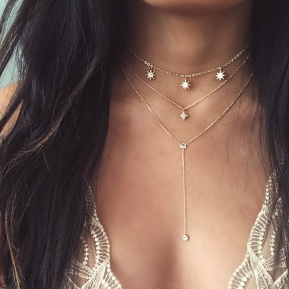 Boho Multilayer Star Crystal Gold Choker Necklace